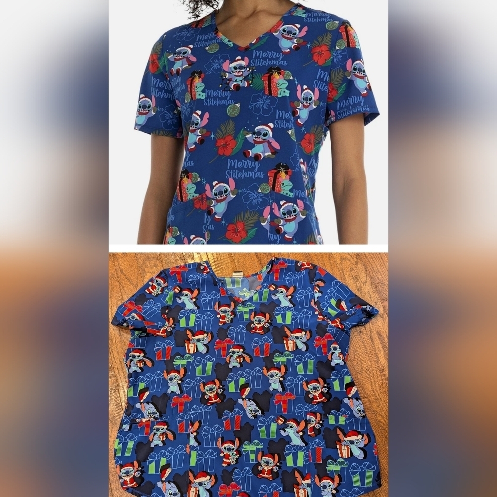 DISNEY Lilo & Stitch Cute Scrub Top Featuring a Christmas Theme Stitch Sz 3X